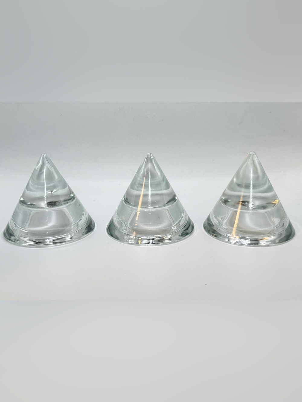 Vintage Clear Glass Cone Candle Holders or Paperweight Set of Three MCM